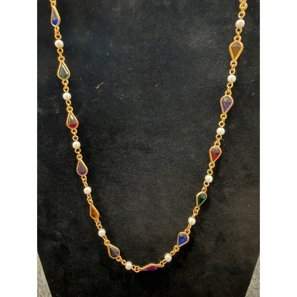 Vintage 1960s Gold Tone Multicolor Teardrop Faux Pearl Necklace